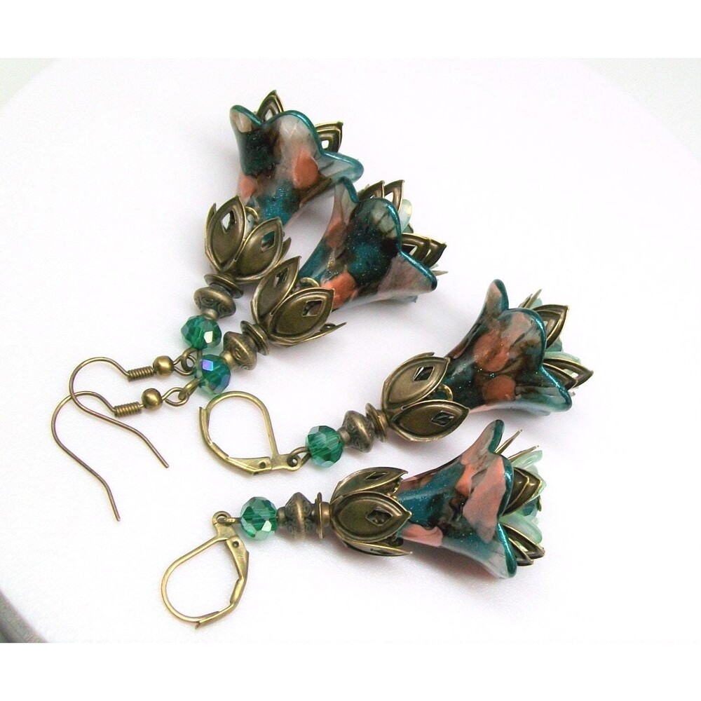 Art Nouveau Earrings, Vintage Style, Bronze, Hand Painted, Flower Jewelry, Artsa
